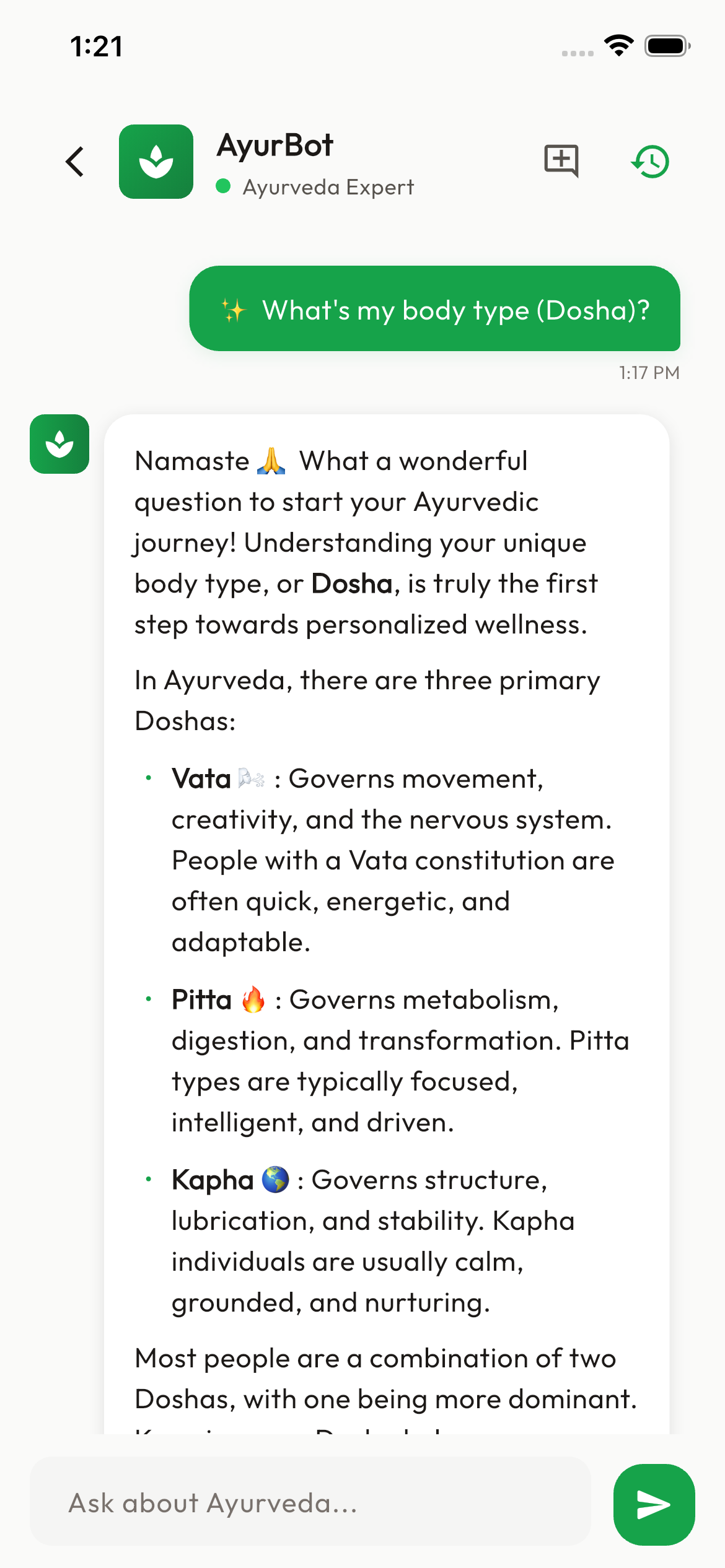AyurBot conversational assistant screen