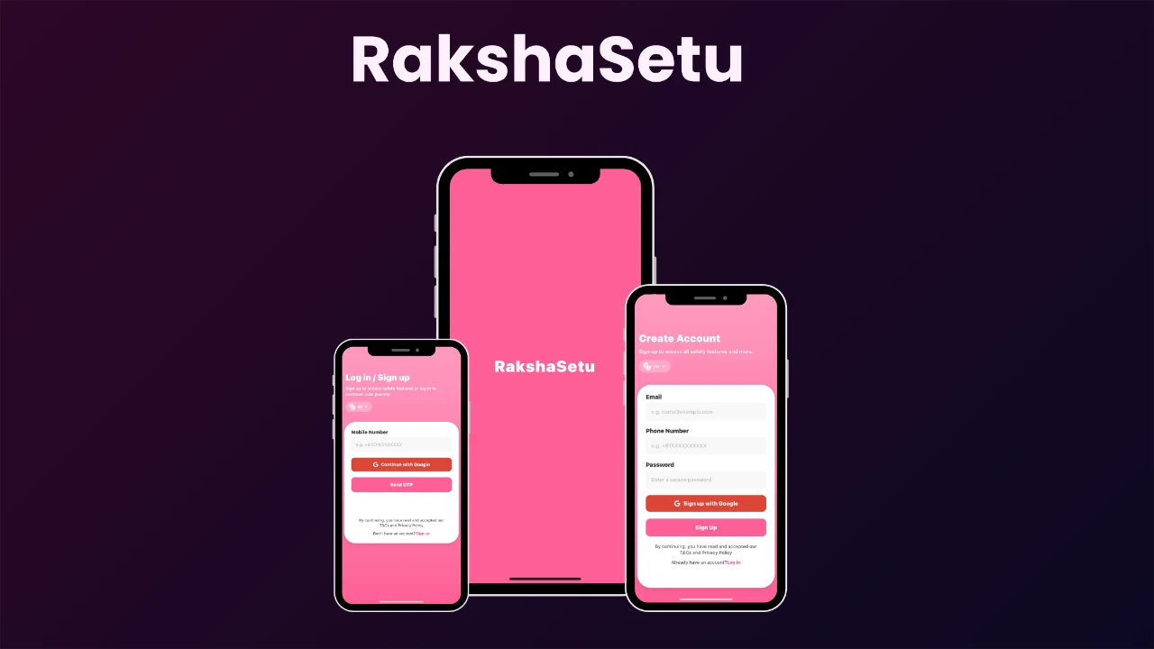 Raksha Setu UI mockups: splash, sign-in and account creation