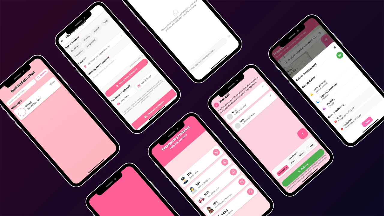 Angled phone mockups showing chat, an incident-report form, an assistance prompt, a fake-call screen and safety assessment.